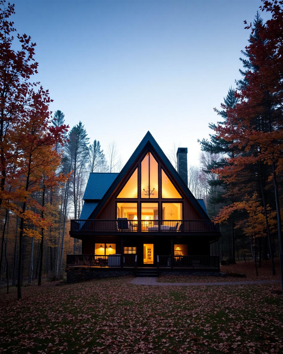 A-frame Vermont cabin glowing warmly in autumn woods at dusk
